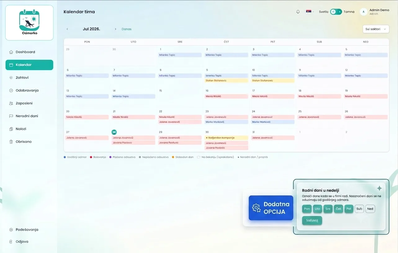 Odmorko, automatic working day calculation excluding weekends and holidays